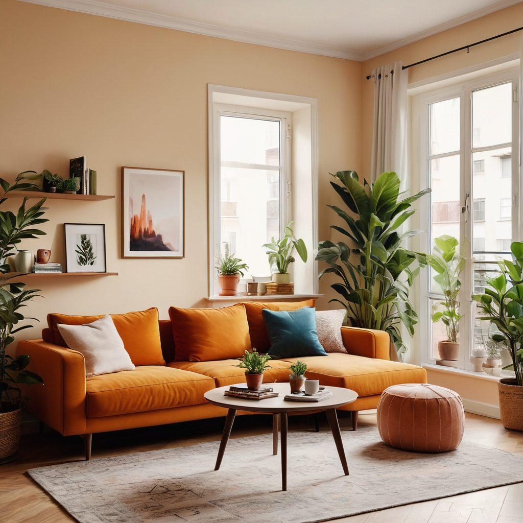 A welcoming, stylish apartment interior showcasing a cozy living room with modern furniture, vibrant plants, and warm lighting. Include elements like a comfy sofa, a coffee table laden with books, and a large window letting in natural light. In the background, hints of a kitchen and an inviting balcony can be seen. The overall atmosphere should radiate comfort and inspiration for potential renters. super-realistic. vibrant colors. soft focus.