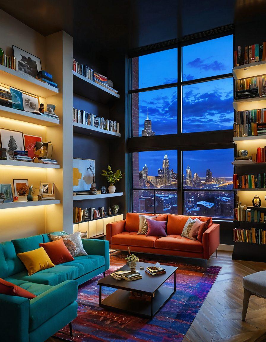 A transition scene depicting student housing on one side with colorful, youthful décor and books stacked around, and on the other side, a luxurious apartment with elegant furnishings, modern amenities, and a skyline view. In the center, a person contemplating their choice, blending elements of both lifestyles. Warm lighting conveys a sense of comfort and aspiration. super-realistic. vibrant colors.