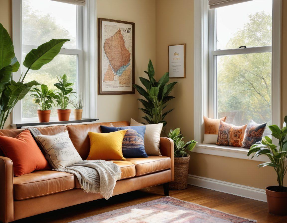 A cozy living space filled with warm colors, showcasing a comfortable couch adorned with decorative pillows, a bookshelf lined with plants and books, and large windows letting in soft natural light. Include a 'For Rent' sign in the foreground that symbolizes the housing market, alongside a map and magnifying glass to represent navigation. Capture an inviting atmosphere that evokes feelings of home and comfort. vibrant colors. super-realistic.